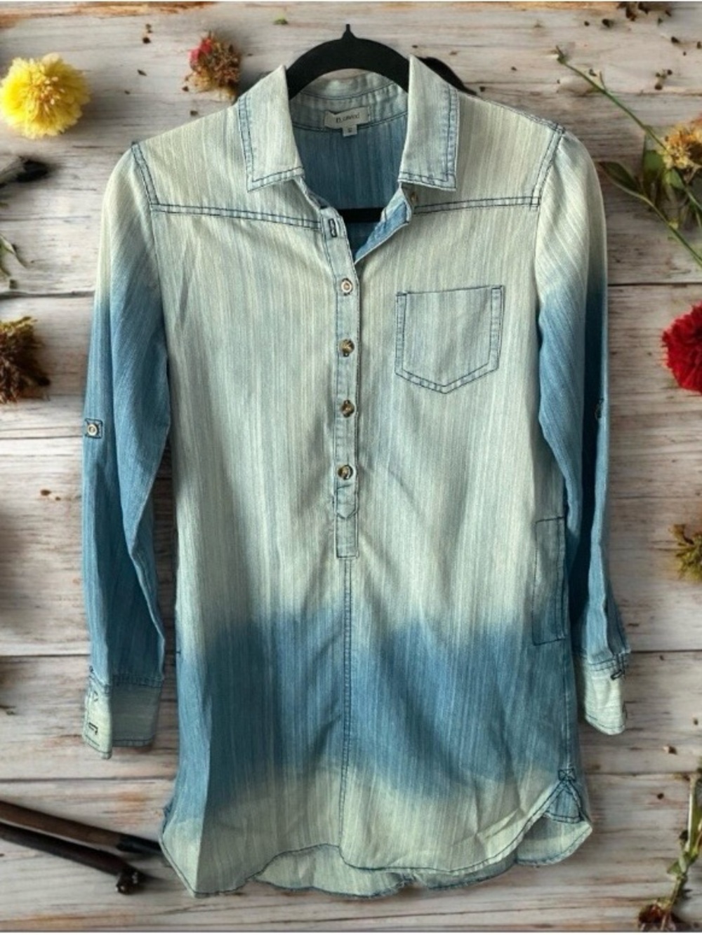 Womens Light Wash Ombre Denim Tunic Popover Shirt Boho Small